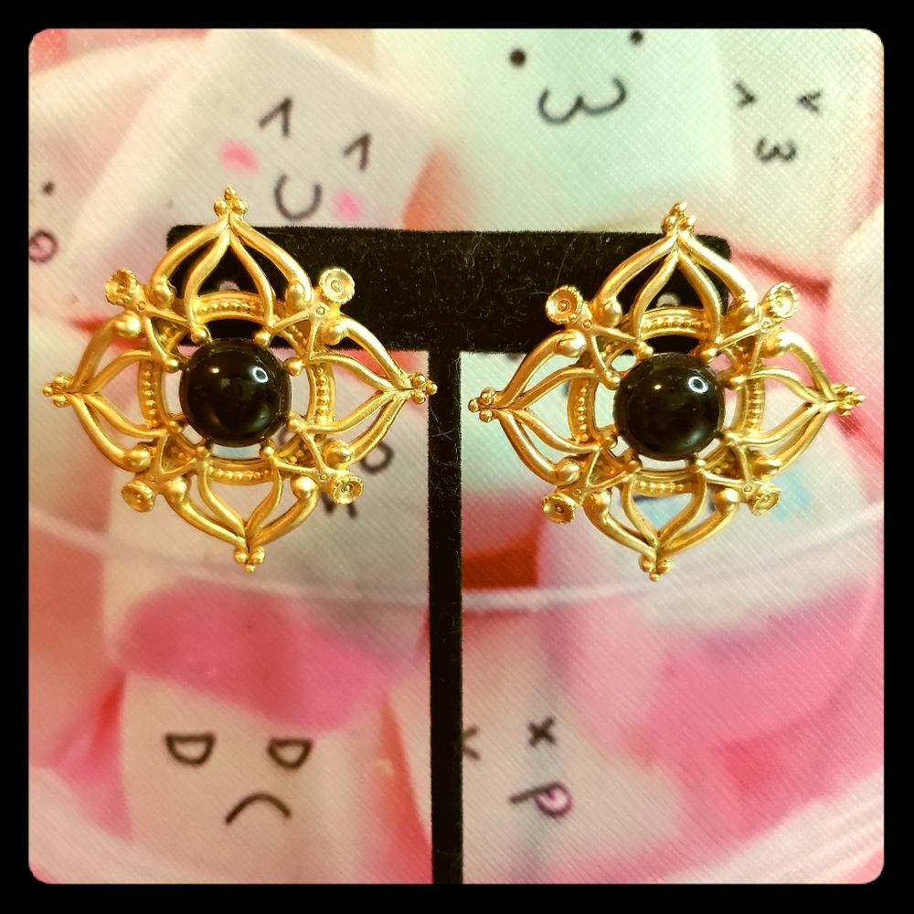 80's 90's vintage retro gold black ornate earrings